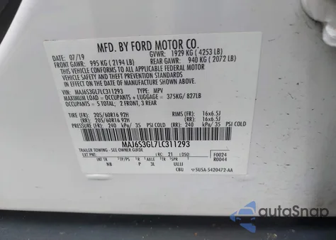 2020 Ford Ecosport Se z USA, uszkodzony, nr VIN MAJ6S3GL7LC311293